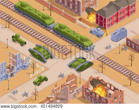 First World War Military Vehicles In Ruined City Isometric Vector Illustration