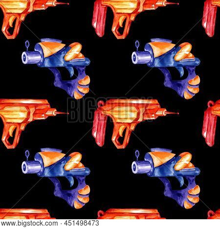 Seamless Pattern, Watercolour Hand Draw Illustration, Fantastic Weapons, Space Pistols, Blasters On 