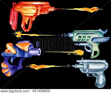 Watercolour Hand Draw Illustration, Fantastic Weapons, Space Pistols, Blasters, Flames, Fire, Shots.
