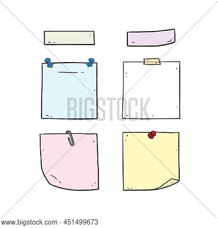 Hand Drawn Vector Illustration Of Post It Notes Set On White Background. Color Sheets Of Note Paper 