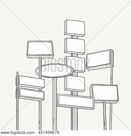 Hand Drawn Vector Illustration Of Vintage Roadside Sign Set. Blank Road Sign On White Background.