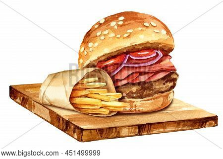 Watercolour Burger With Meat, Onion, Tomatos And Fried Potatoes On A Cutting Board Isolated On White