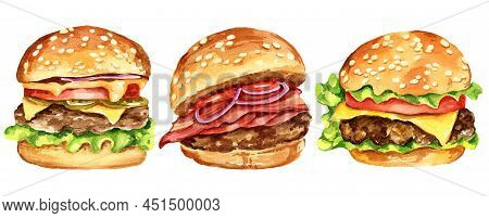 Three Burgers With Meat, Onion, Tomatos, Salad, Watercolour Hand Drawn Illustration, Isolated On Whi