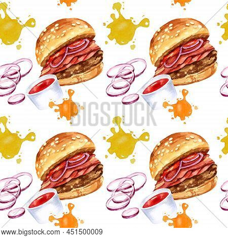 Seamless Pattern With Tasty Burger, Onion, Sause, Splashes, Watercolor Hand Drawn Illustration Isola
