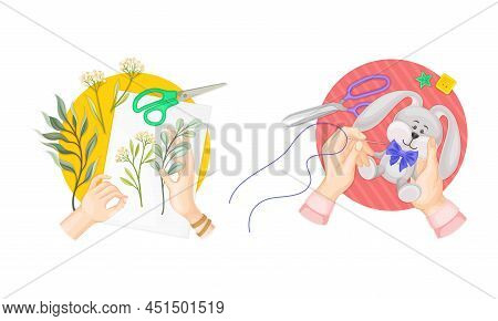 Craft Hobbies Set. View From Above Of Human Hands Creating Crafts. People Making Soft Toys And Colle