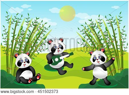 Cartoon Panda Playing Guitar On Green Hill Illustration