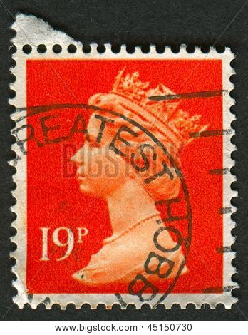 UK-CIRCA 1988:A stempel trykt i UK viser billede af Elizabeth II er den forfatningsmæssige monark af 16 