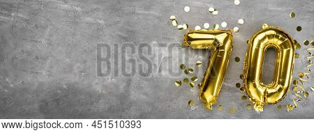 Yellow Foil Balloon Number, Number Seventy On A Concrete Background. Greeting Card With The Inscript