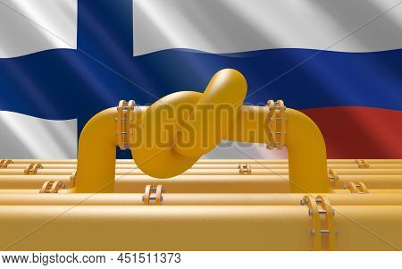 3d Render. Fuel Gas Pipeline With A Knot On Background Of Finland And Russian Flags. Eu Industrial E