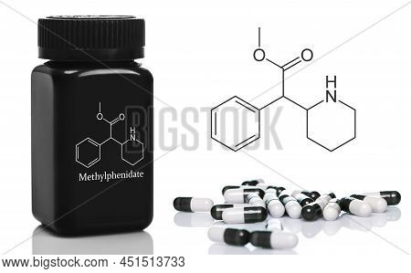 Plastic Bottle With The Methylphenidate Pills On White Background