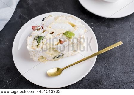 Mereng Cake With Fresh Berries And Fruits. Strawberries, Kiwi, Blackberries. Protein Dessert In Whit