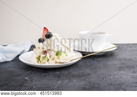 Mereng Cake With Fresh Berries And Fruits. Strawberries, Kiwi, Blackberries. Protein Dessert In Whit