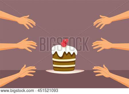 Hands Rushing To Grab Cake Vector Cartoon Illustration