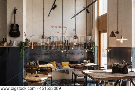 Stockholm- Sweden - 07 24 2019 Interior Of A Typical Swedish Restaurant In Scandinavian Minmalist De