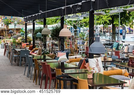 Sundsvall, Vastnorrland County - 08 02 2019 Covered Terrace Of An Outdoor Restaurant