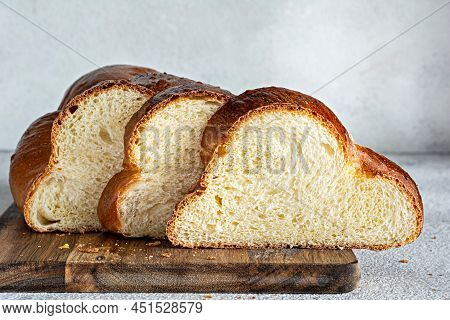 Challah Or Hala Is A Traditional Jewish Sweet Fresh Sabbath Braided Bread (loaf),  Fresh Bun (slice 