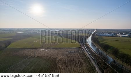 Canal Dessel Schoten Aerial Photo In Rijkevorsel, Kempen, Belgium, Showing The Waterway In The Natur