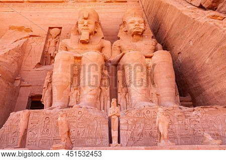 Ancient Egyptian Monuments Of The Pharaoh Rameses Ii In Front Of The Great Rameses Ii Temple With Th