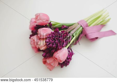 Pink Tulip Bouquet In Daylight. Spring Stll Life, Birthday, Easter Concept