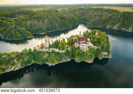 Panoramic View Of Zvikov Castle On The Hill With Trees Surrounded By River Vltava And Otava In South