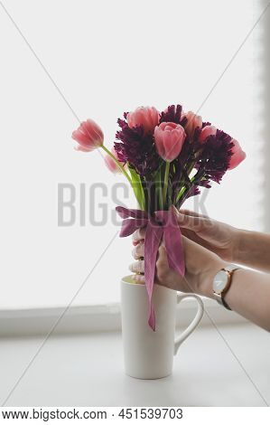 Cozy Spring Home Decor With A Pink Tulip Bouquet In Daylight. Spring Stll Life, Birthday, Easter Con