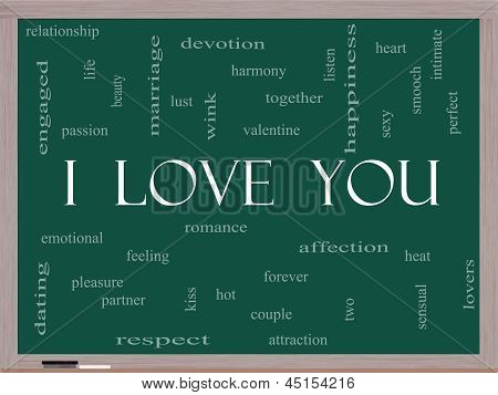 Ich liebe Sie Word Cloud-Konzept auf einer Tafel
