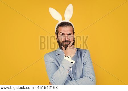 Concept Of Egg Hunt. Easter Celebration Concept. Man In Bunny Ears. Rabbit Man Wear Hare Ears. Bunny