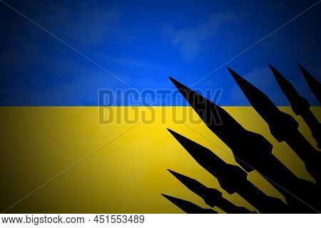 Silhouettes Of Rocket On The Ukainian Flag. Russian-ukrainian Crisis, Conflict