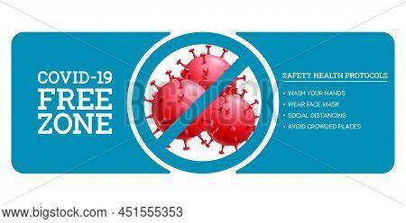 Covid Free Vector Banner Design. Covid-19 Free Zone Text With Safety Instruction And Virus Protectio