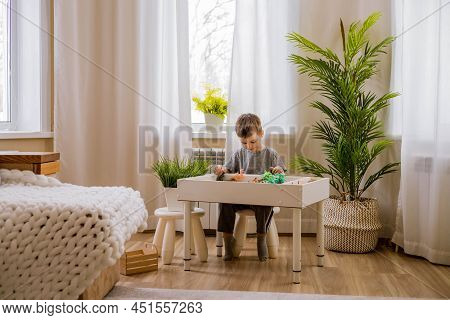 Cute Male Kid Playing Sensory Box Dinosaur World At Comfortable Home Living Room