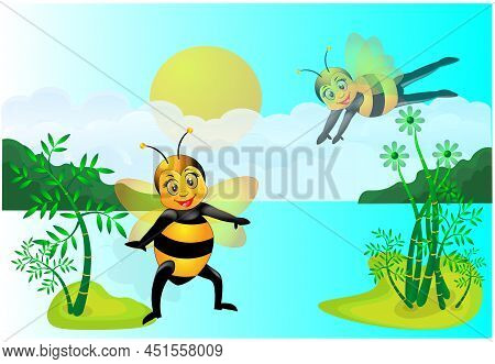 Honey Bee Cartoon Illustration With Natural Scenery