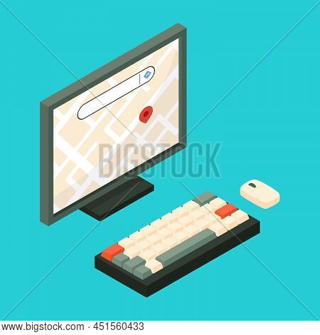 Online Map Application On Pc Computer Kawaii Isometric 3d Vector Illustration
