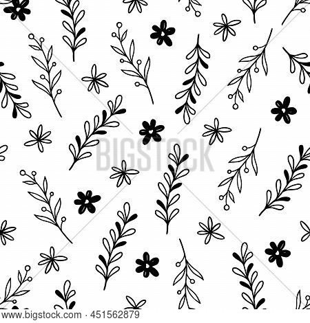 Hand Drawn Leaf, Flower Seamless Pattern. Doodle Simple Froral Style. Leaf Background Vector Illustr