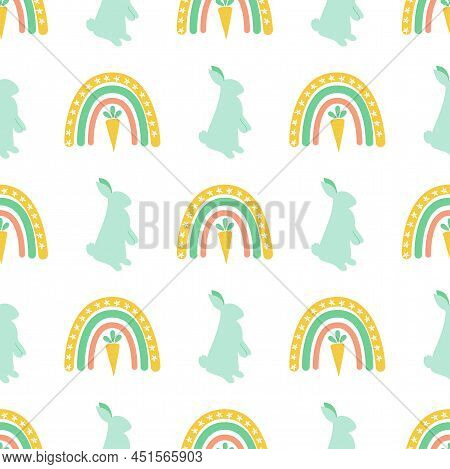 Easter Rainbow Rabbit Bunny Shape Pattern. Spring Floral Easter Seamless Background. Spring Happy Ea