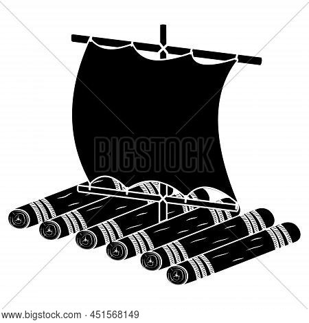 Wooden Raft With Sail, Isolated Vector Illustration Black Silhouette Icon.