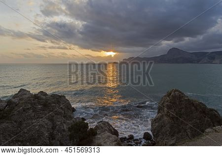 Sunset Over The Black Sea. View From Cape Alchak, Sudak, Crimea.