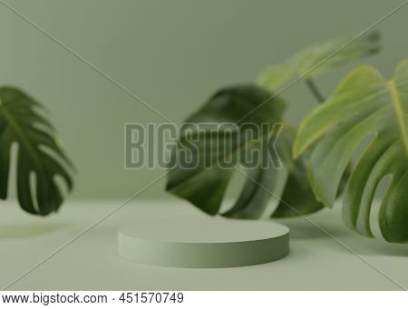 Green Round Podium With Tropical Leaves On Green Background. Podium For Product, Cosmetic Presentati