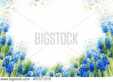 White Background For Greeting Card With Watercolour Spring Flowers, Hand Drawn Sketch, Romantic Illu