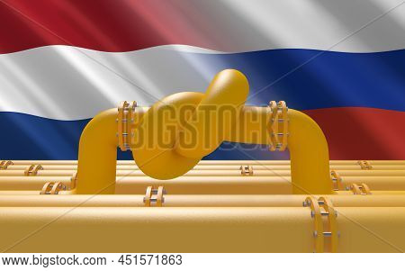 3d Render. Fuel Gas Pipeline With A Knot On Background Of The Netherlandish And Russian Flags. Eu In