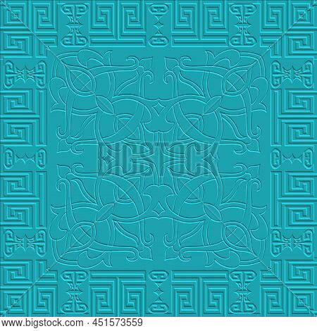 Floral Embossed 3d Seamless Pattern. Greek Textured Light Blue Background. Vector Repeat Surface Bac