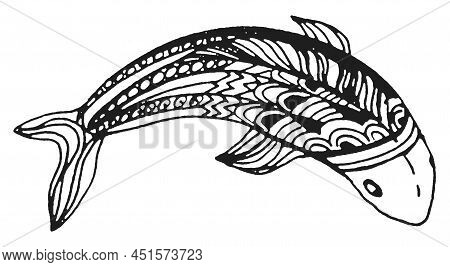 Fish Graphics Doodle, Hand Draw Sketch, Black And White Illustration, Line Art