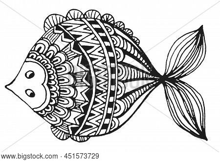 Fish Graphics Doodle, Hand Draw Sketch, Black And White Illustration, Line Art