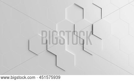 Pattern Of White Homogenous Hexagons With Some Of Them Displaced - Abstract Geometric Design. 3d Ill