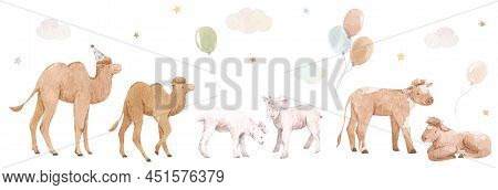 Beautiful Stock Illustration With Set Of Cute Watercolor Hand Drawn Animals At The Birthaday Party.