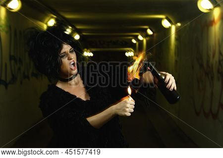 Freaky Woman With A Petrol Bomb In Her Hands