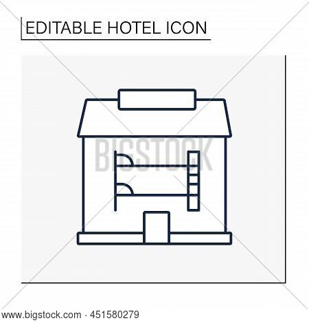 Hostel Line Icon. Inexpensive, Supervised Lodging Place For Young People. Residence Hall With Bunk B