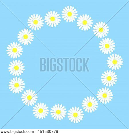 Round Wreath Daisies On Blue Background. Circular Flower Frame Isolated Object. Circle White Spring 