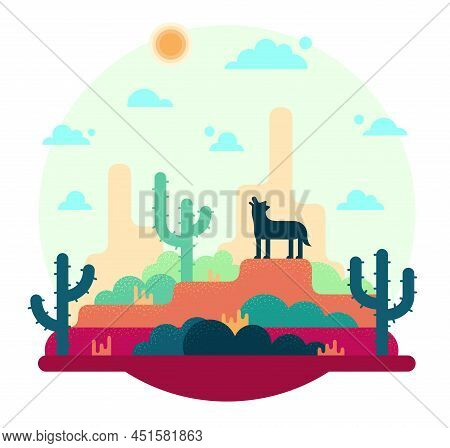 Desert, Wolf, Cactus - Vector Cartoon Illustration In Flat Stile