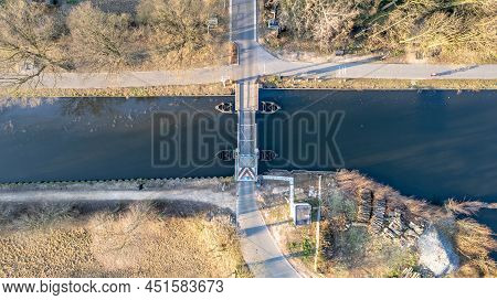 Top View Aerial With Drone Of A Draw Bridge Over The Canal Dessel-schoten In Rijkevorsel, Antwerp, B