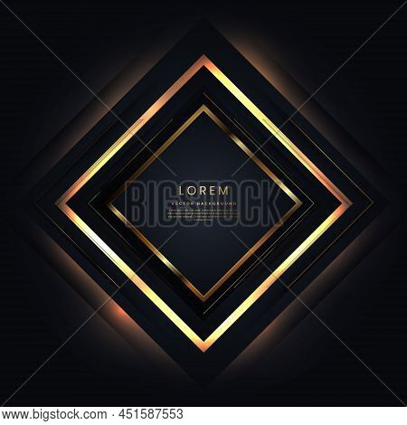 Abstract Luxury Gold Square Lines Frame On Black Background And Glowing Ligthting Effect. Vector Ill